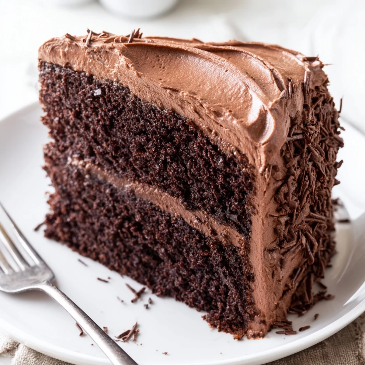 Homemade Chocolate Cake Recipe on rustic plate, chocolate shavings and coffee