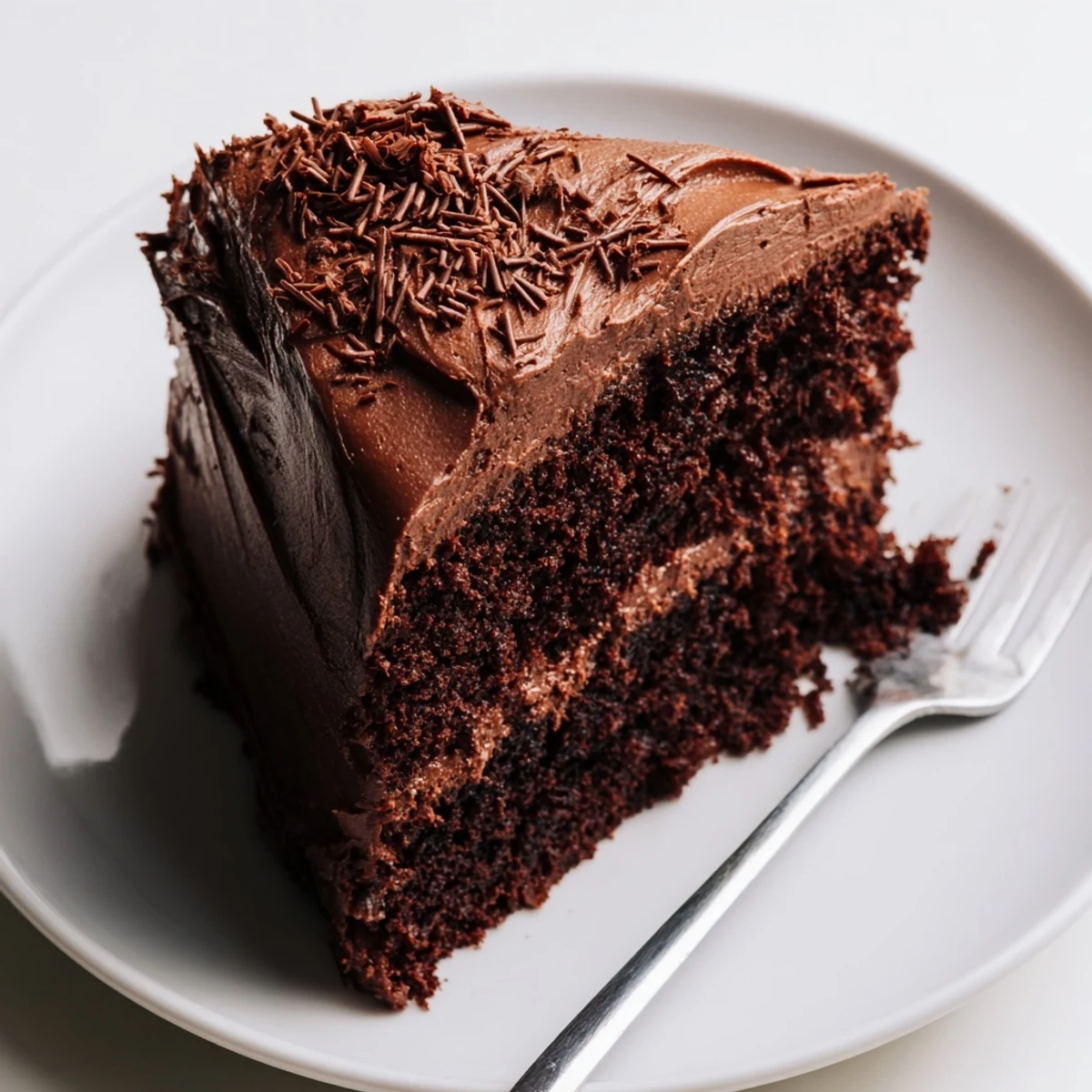 Warm Chocolate Cake Recipe slice with fork sinking into tender, fudgy crumb