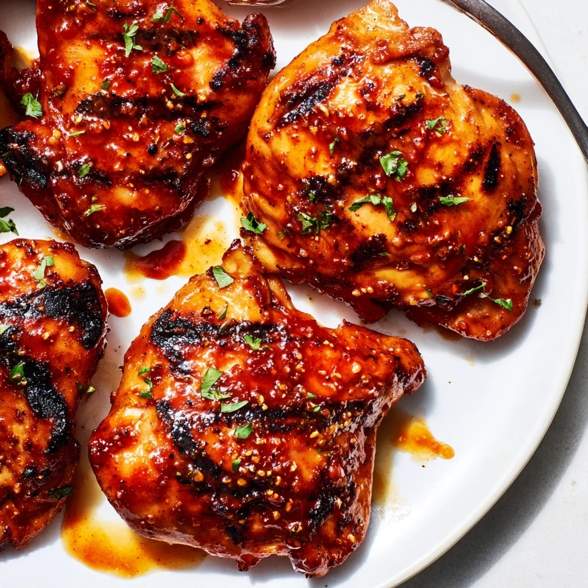 Grilled Honey Buffalo Chicken Thighs sizzling with sticky glaze, garnished with chopped parsley