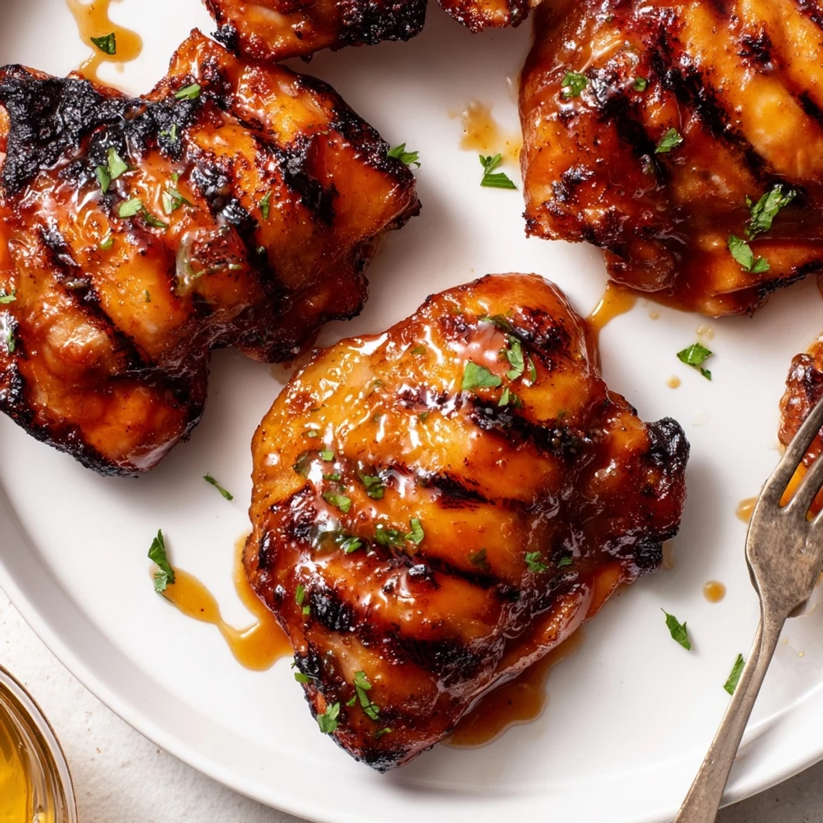 Plate of Grilled Honey Buffalo Chicken Thighs served with creamy ranch, crisp celery
