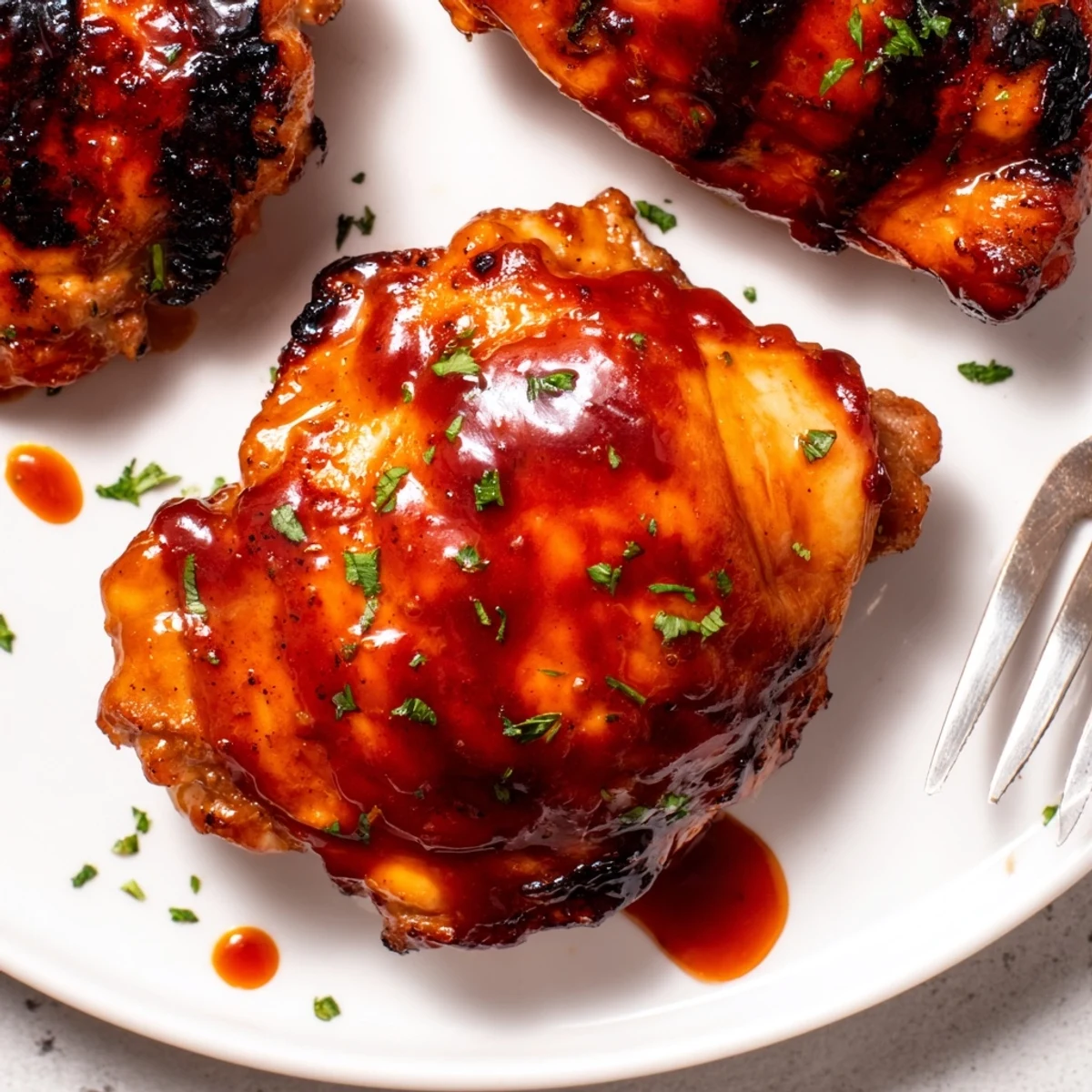Charred edges on Grilled Honey Buffalo Chicken Thighs, sweet heat and juicy bites