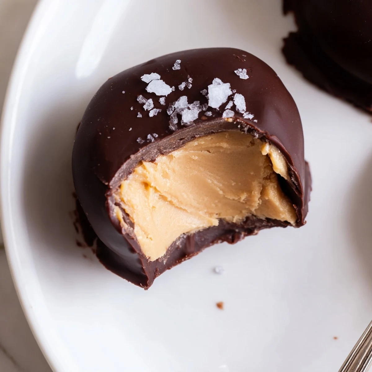 Frozen Peanut Butter Greek Yogurt Bites Dipped In Dark Chocolate With Sea Salt, chilled
