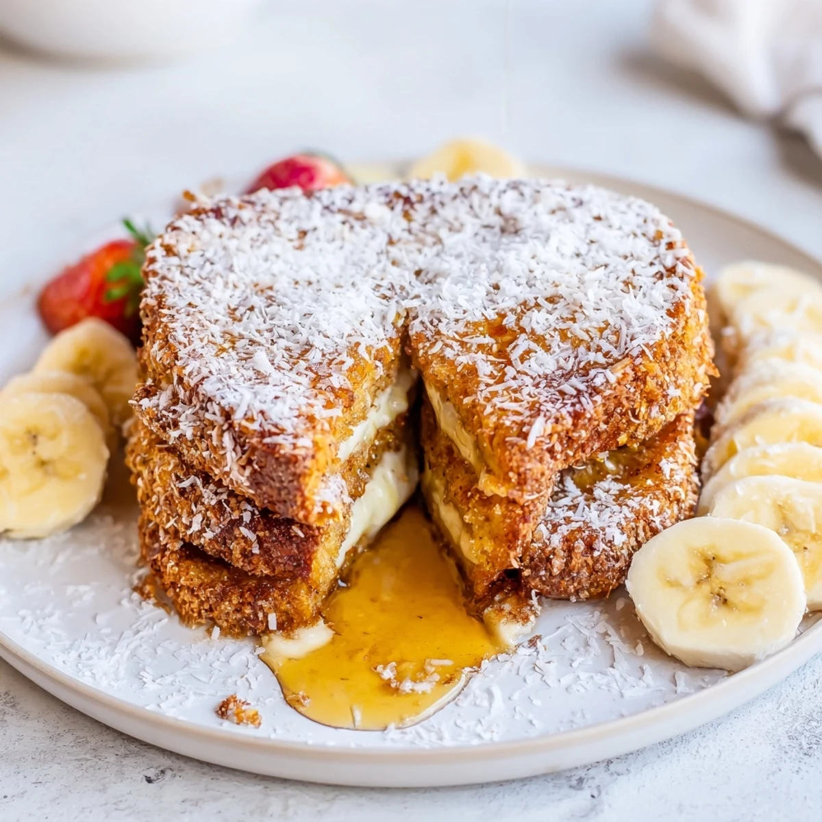 Warm Coconut Crusted French Toast with crisp coconut coating and fresh berries