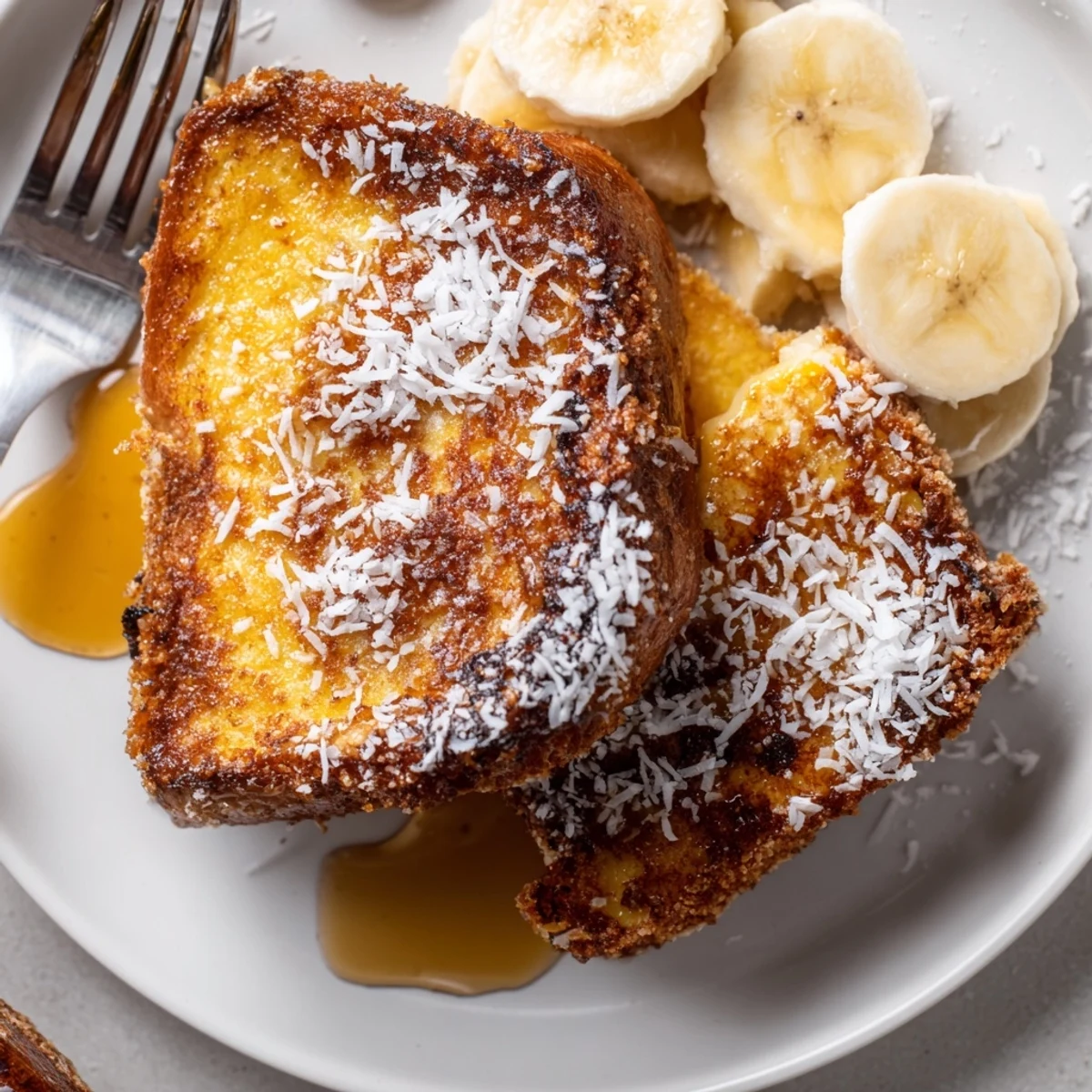 Coconut Crusted French Toast sizzling golden in skillet, served with maple syrup