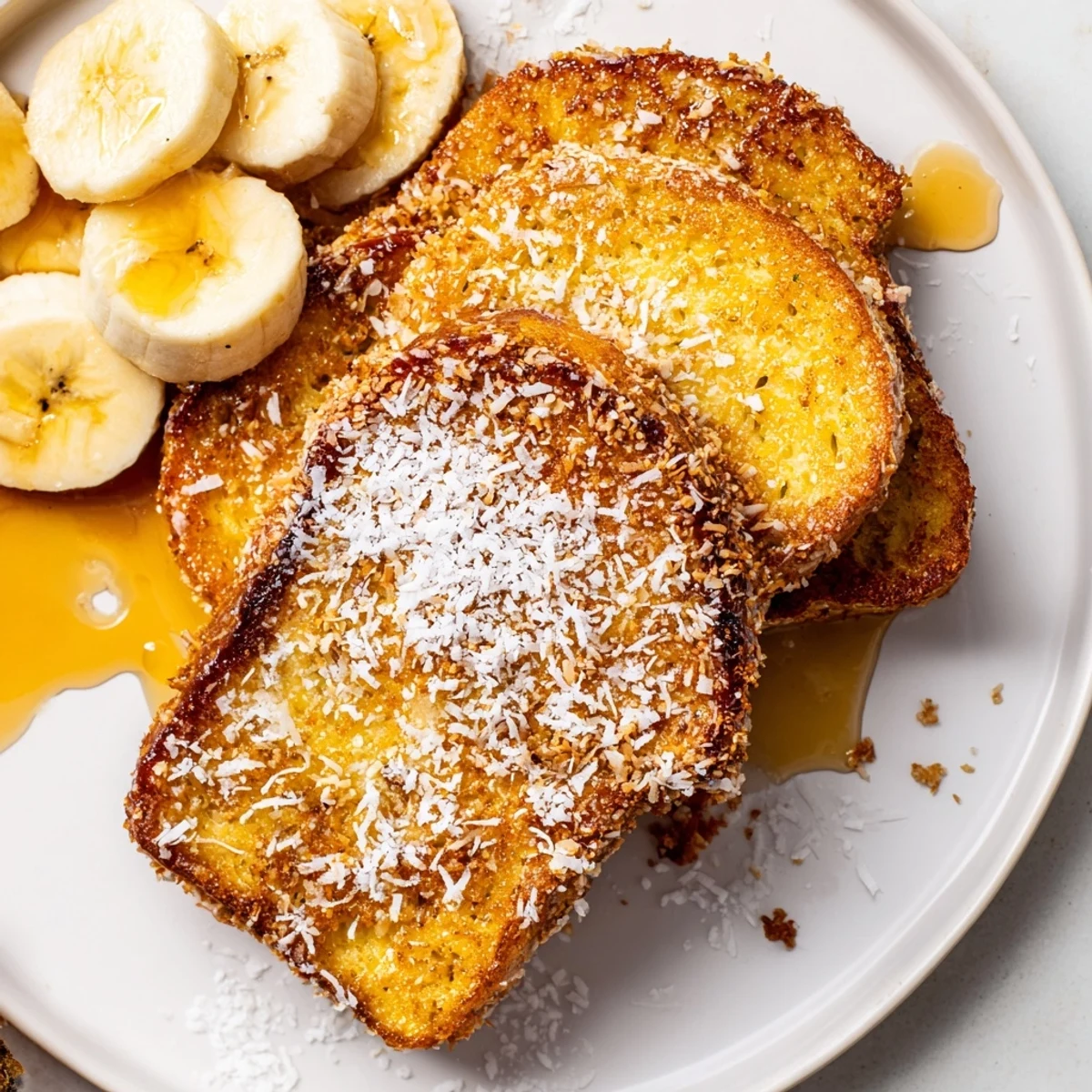 Stacked Coconut Crusted French Toast dusted with powdered sugar, banana slices