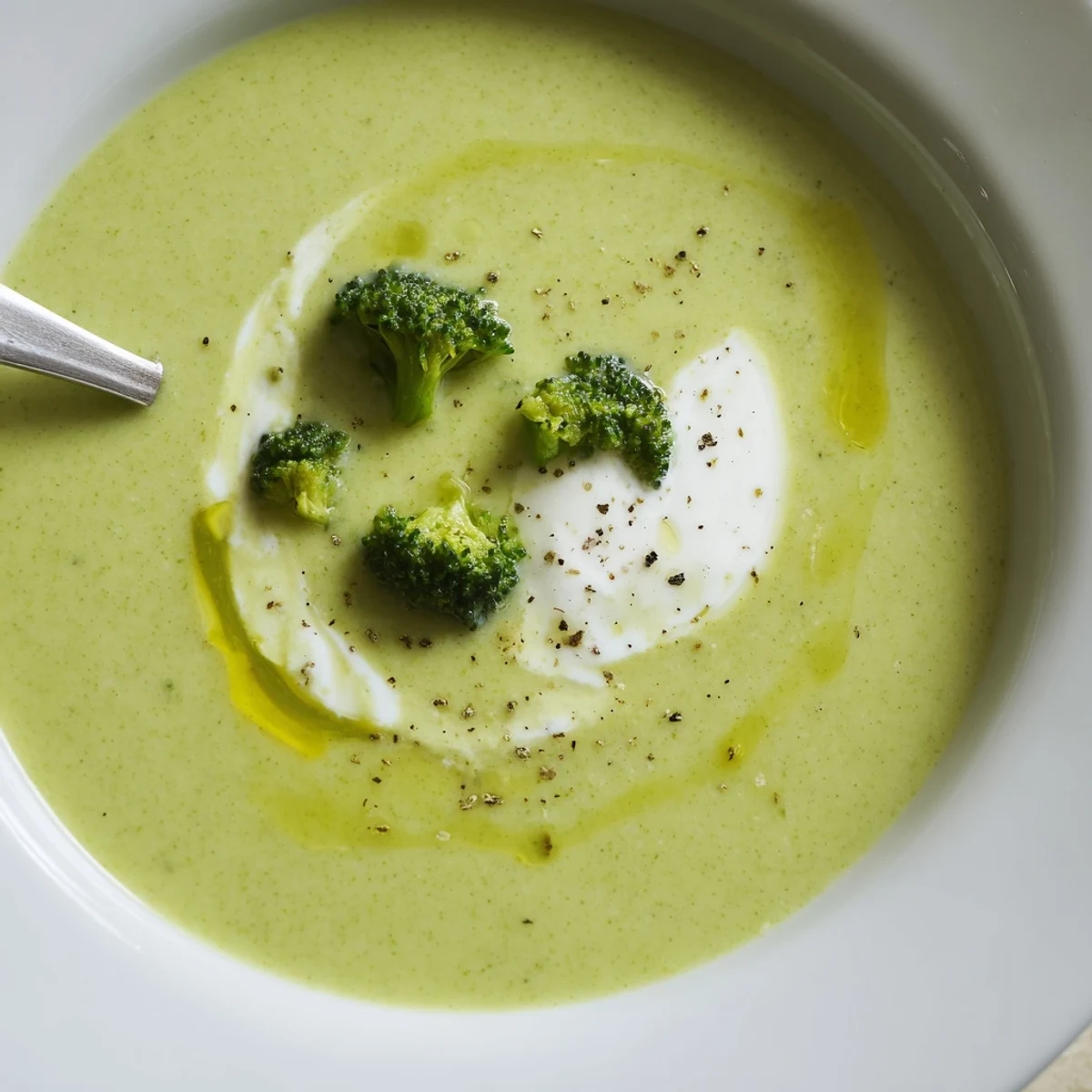 Broccoli Soup velvety green, ladled into rustic bowl with crusty bread