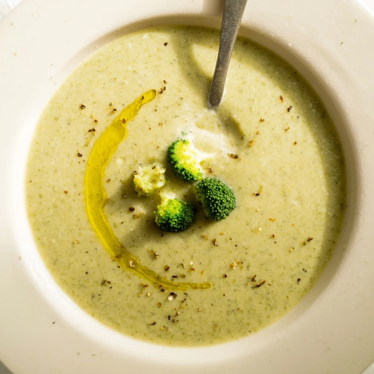 Creamy Broccoli Soup steaming in bowl, swirled cream and toasted seeds garnish