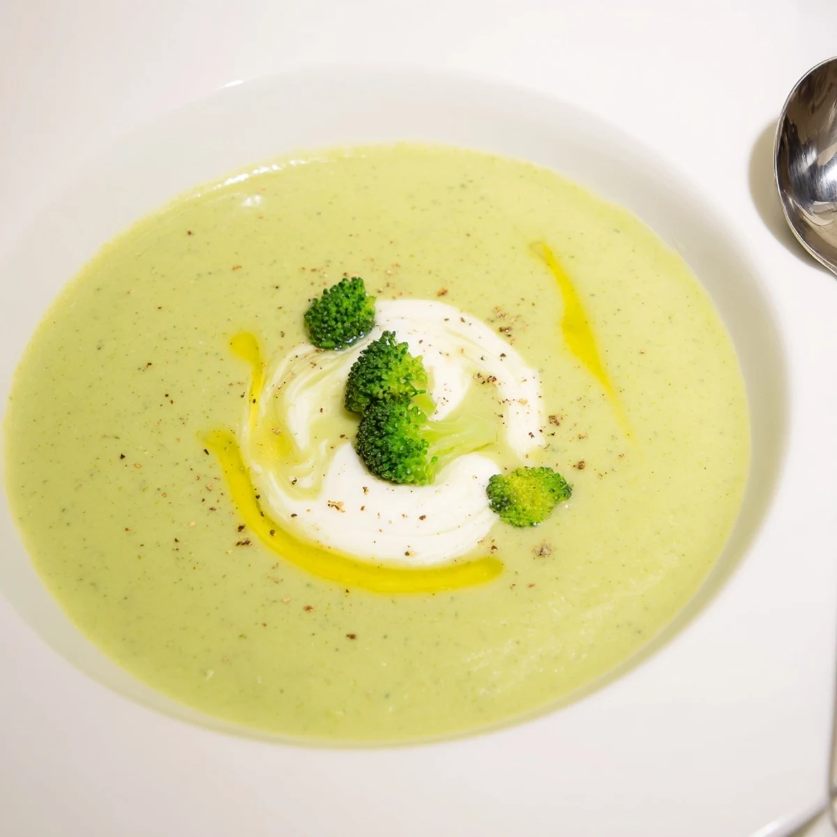Homemade Broccoli Soup scented with garlic and nutmeg, served warm