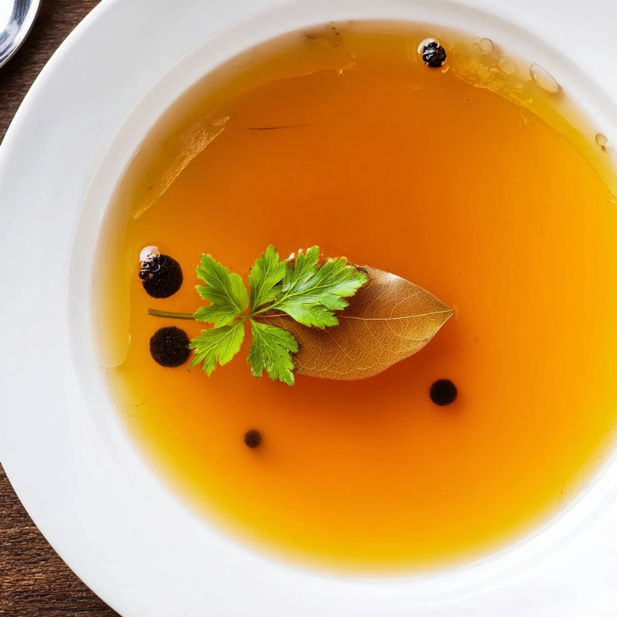 A steaming mug of Beef Bone Broth with golden sheen and herbal aroma