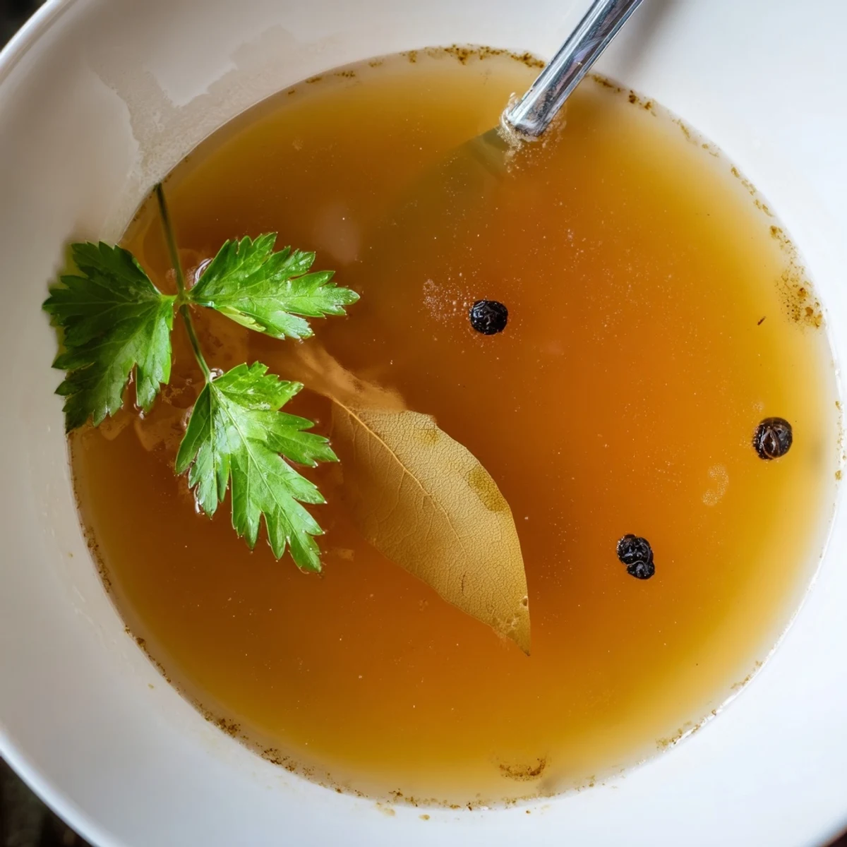 Rich, gelatinous Beef Bone Broth ladled from pot, carrots and bones visible