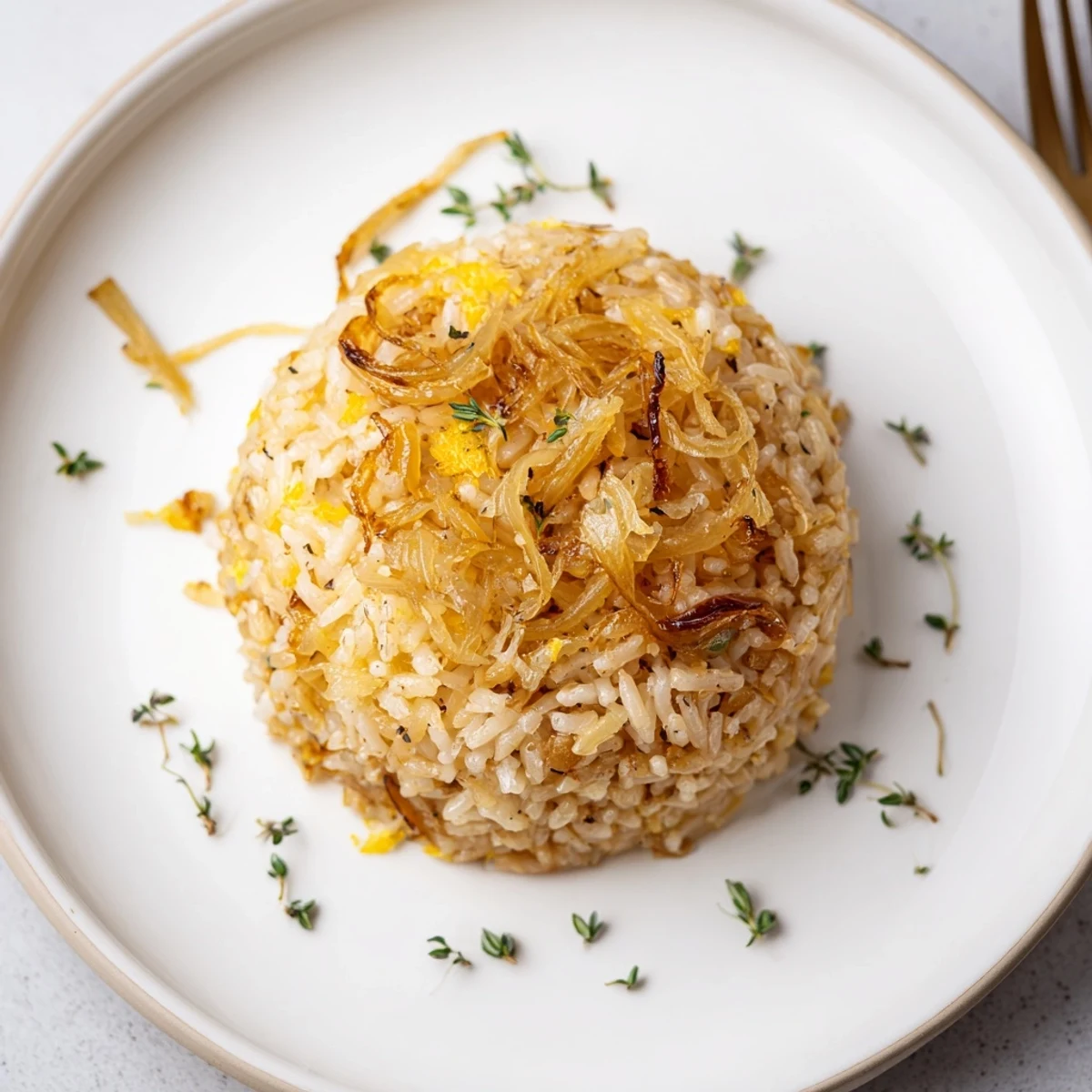 Hearty French Onion Soup Rice with caramelized onions, bubbling melted Gruyère topping