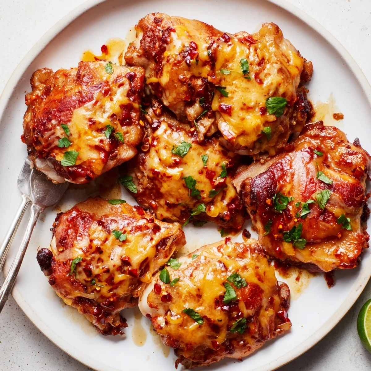 Cilantro-topped Chipotle Honey Chicken Thighs With Smoked Gouda, sticky glaze and charred edges