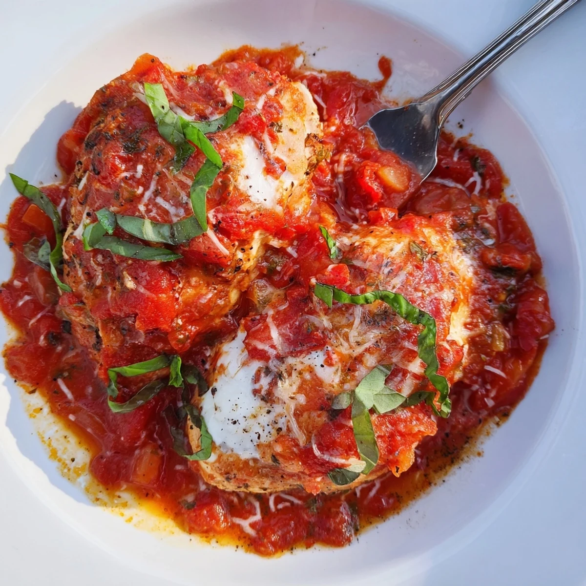 Slow Cooker Tomato Basil Chicken Breasts simmering in rich, fragrant tomato basil sauce