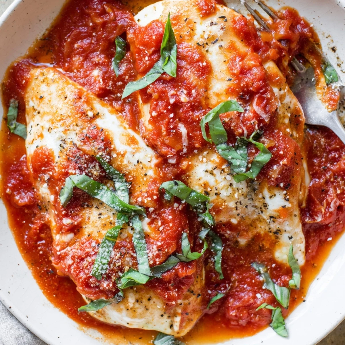 Steaming bowl of zucchini noodles topped with Slow Cooker Tomato Basil Chicken Breasts