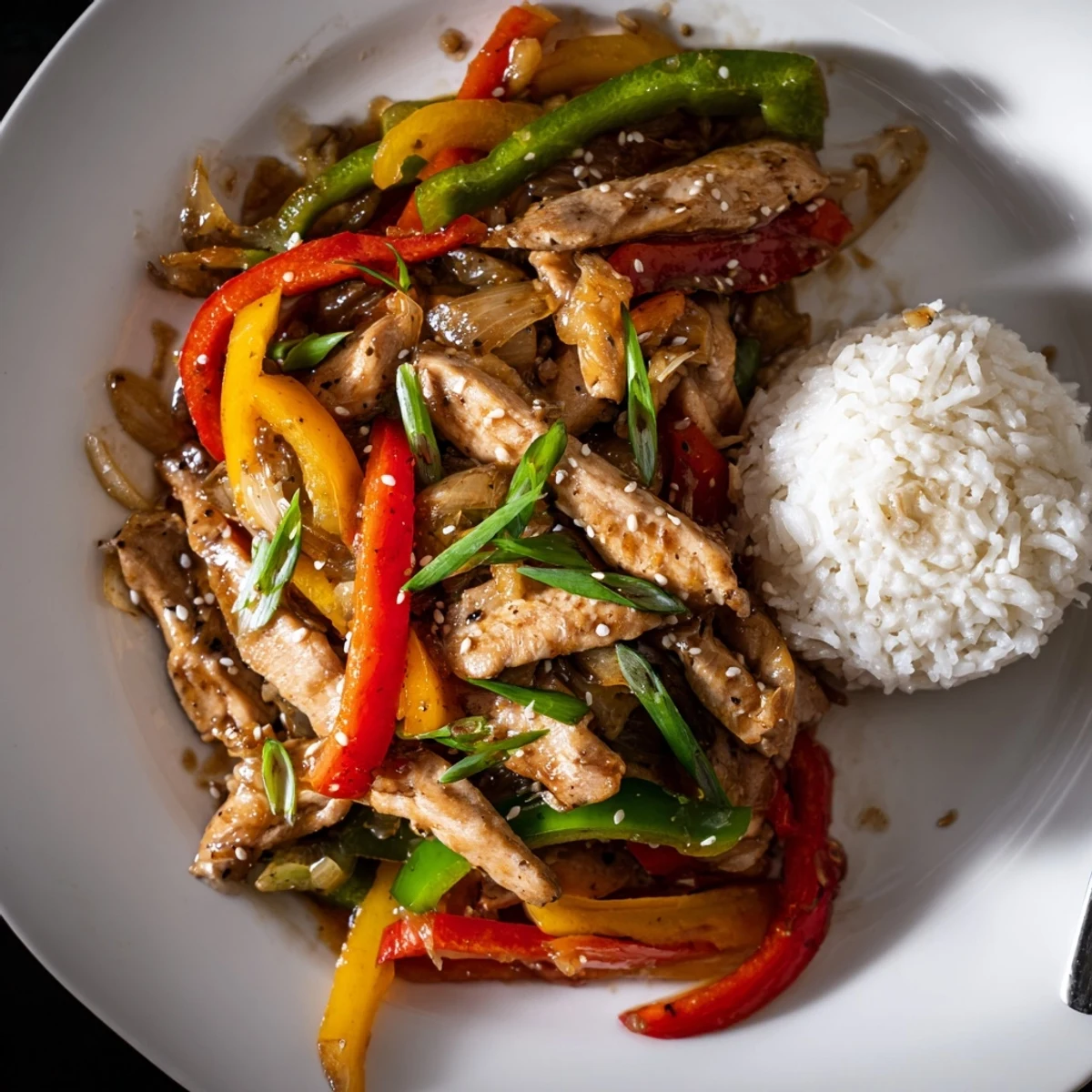 Quick Pepper Chicken Stir Fry sizzling in wok with glossy sesame sauce