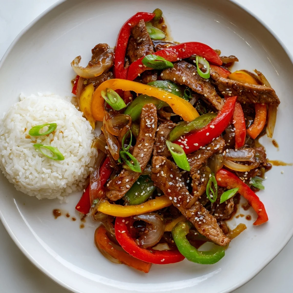 Quick Pepper Chicken Stir Fry with crisp bell peppers served over jasmine rice