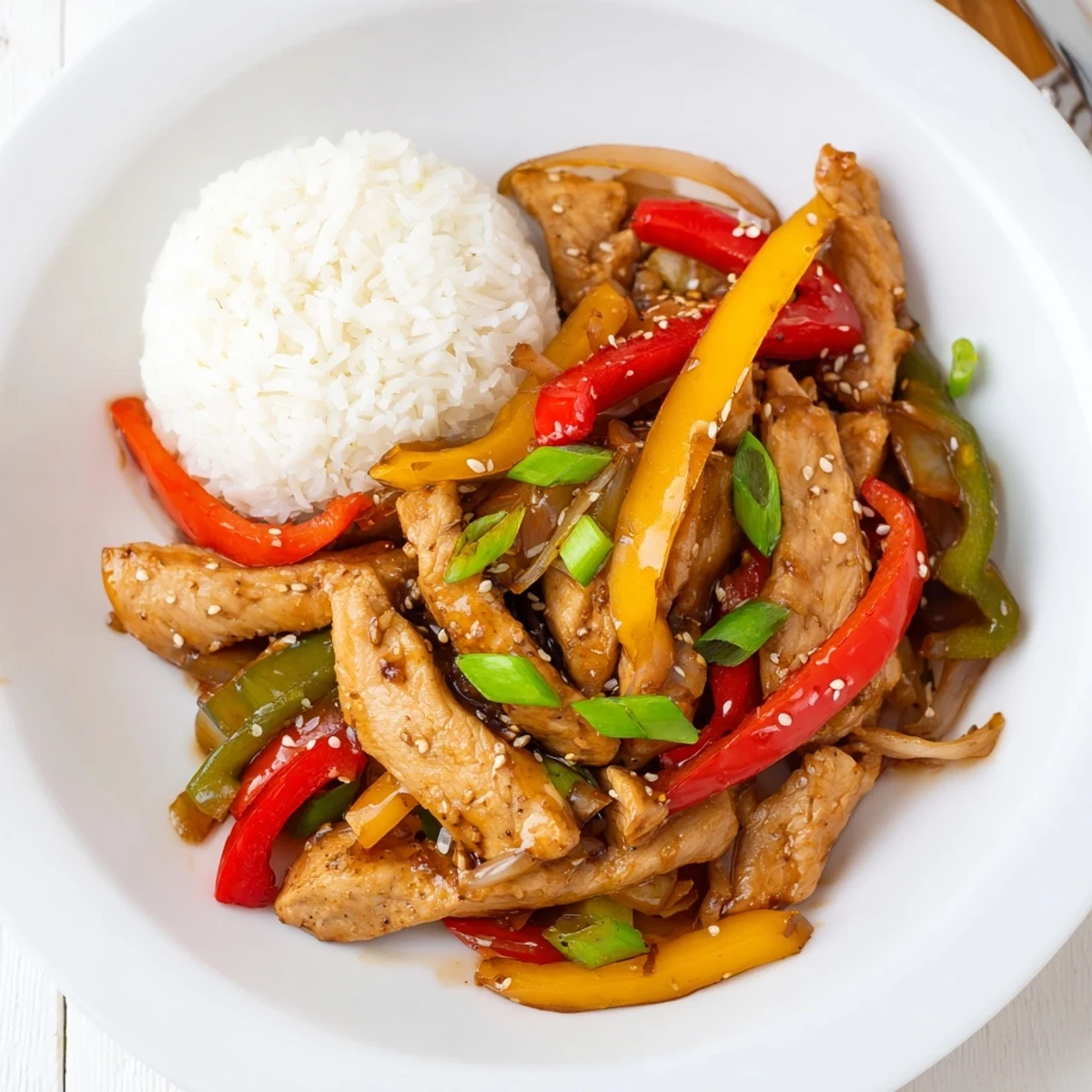 Quick Pepper Chicken Stir Fry tossed with scallions, tender chicken, vibrant colors