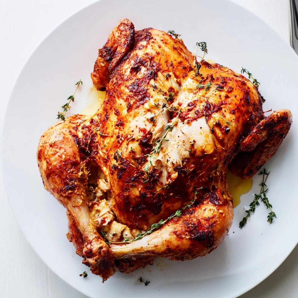 Buttermilk Roasted Chicken with golden crisp skin, herb garnish and steam