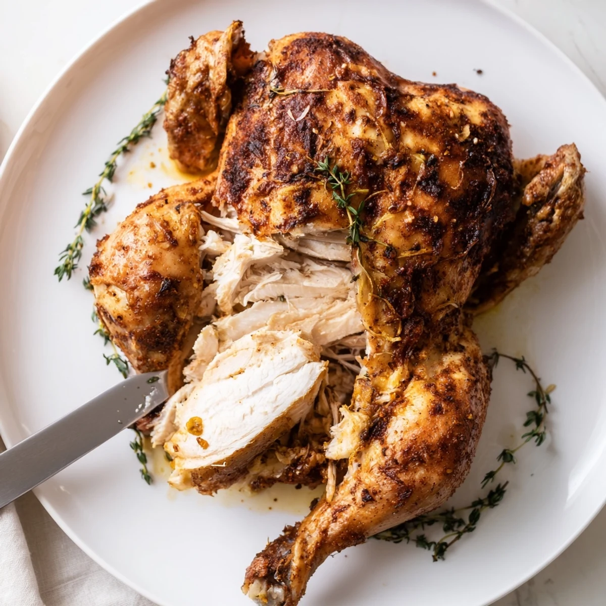 Weeknight Buttermilk Roasted Chicken resting ten minutes, ready with roasted vegetables