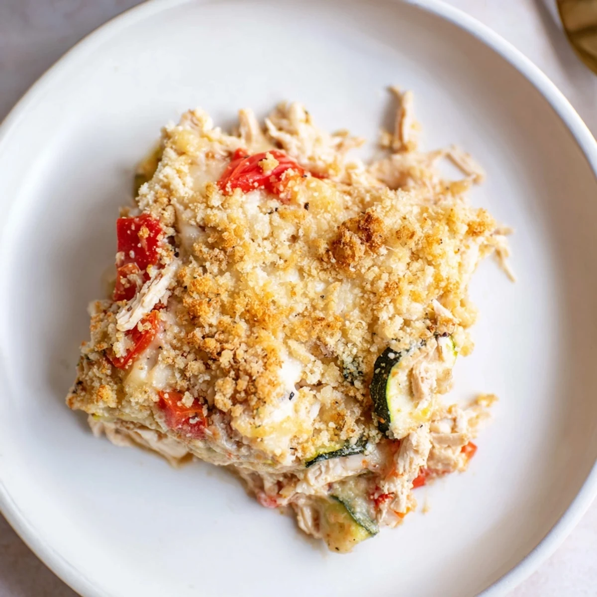 Steaming casserole of Family Friendly Chicken Zucchini Bake, garnished with fresh parsley
