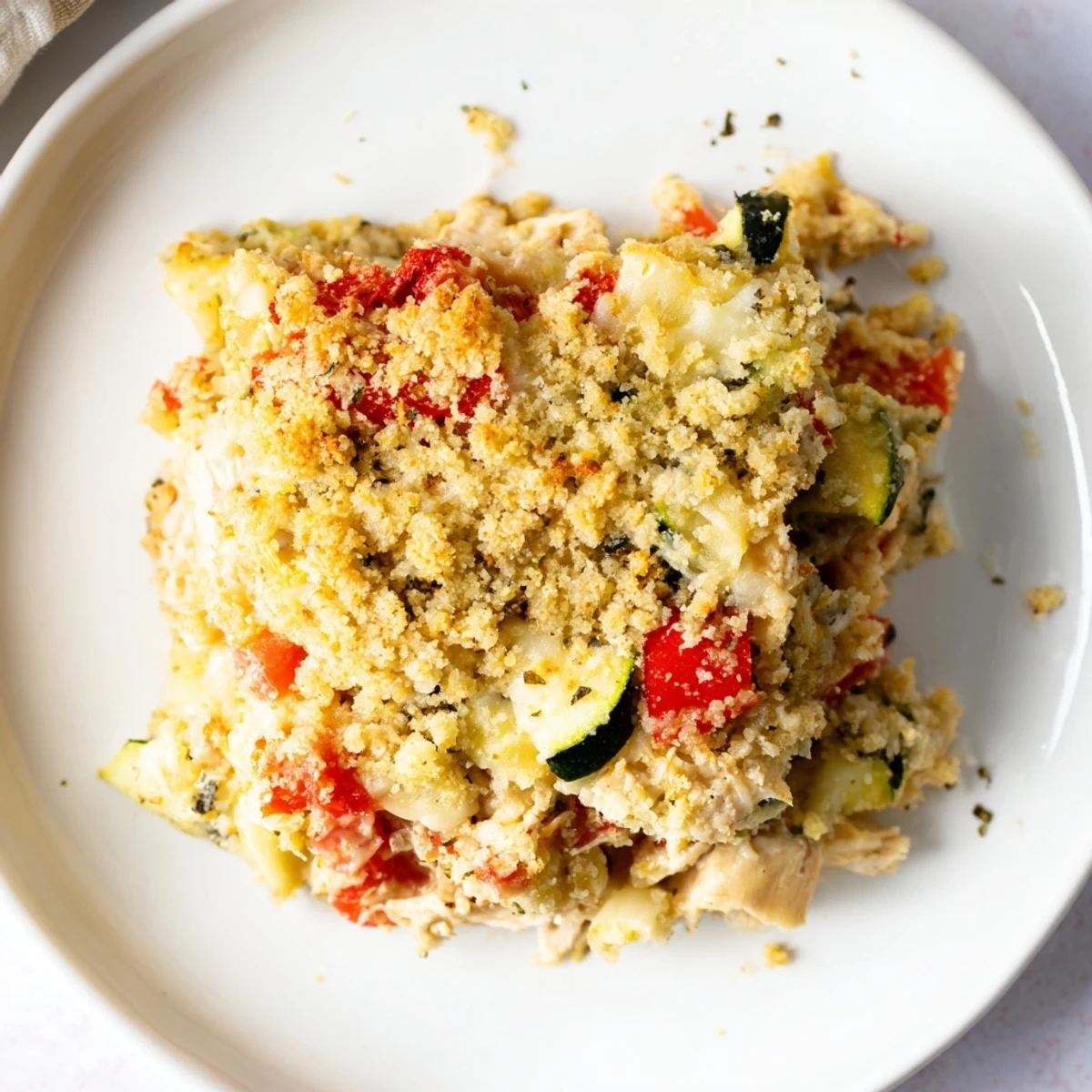 Family Friendly Chicken Zucchini Bake with bubbling golden cheese and crispy breadcrumbs