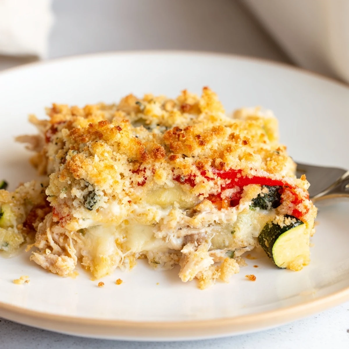 Fork-cut slice from Family Friendly Chicken Zucchini Bake reveals cheesy, tender vegetable-chicken filling