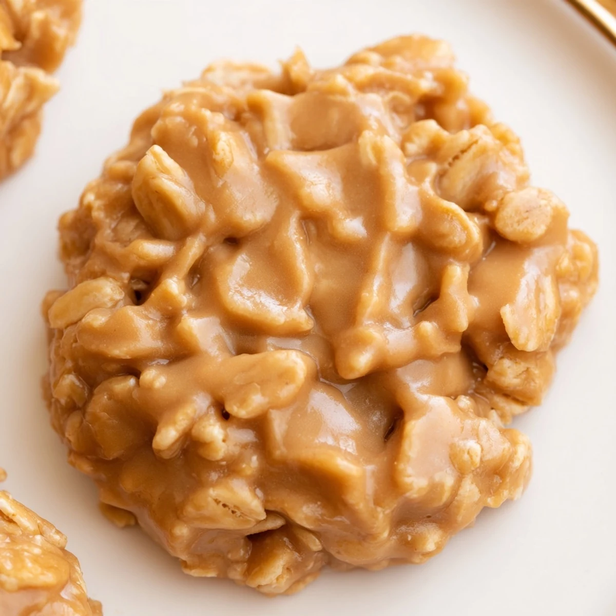 A stack of Peanut Butter No Bake Cookies with chewy centers, sprinkled oats  