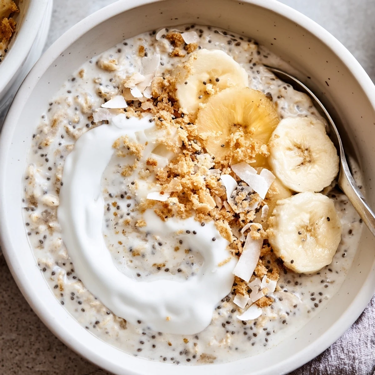 Coconut Cream Pie Overnight Oats chilled in jars, garnished with graham crumbs  