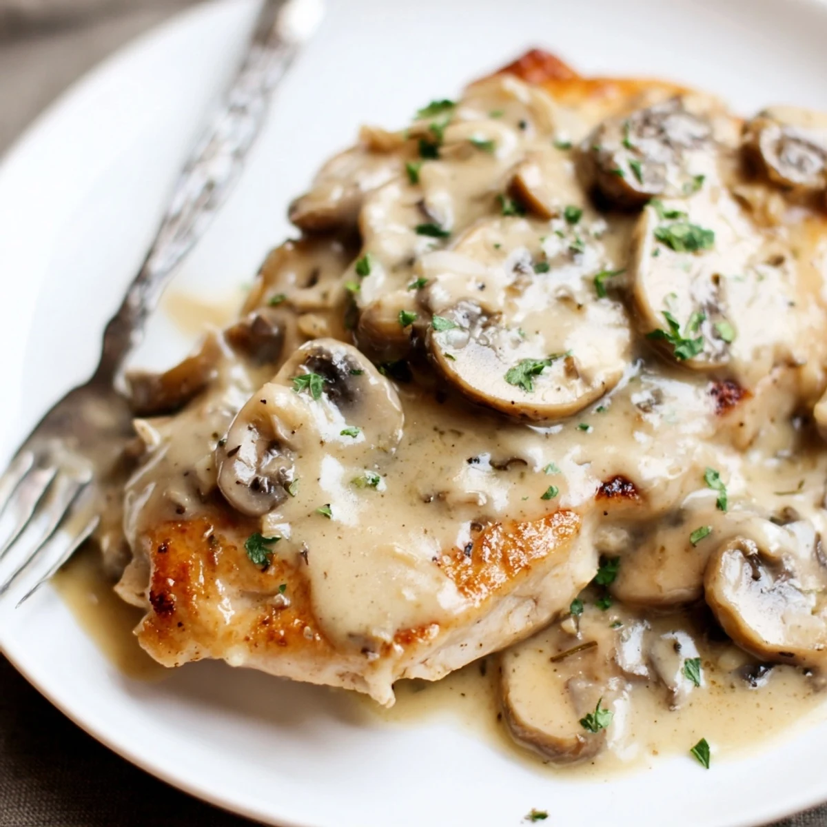 Skillet Chicken And Mushroom Sauce sizzling, creamy sauce spooned over golden chicken.