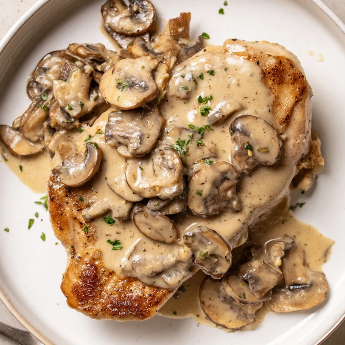 Pan-seared breasts drenched in Skillet Chicken And Mushroom Sauce, silky earthy mushrooms.