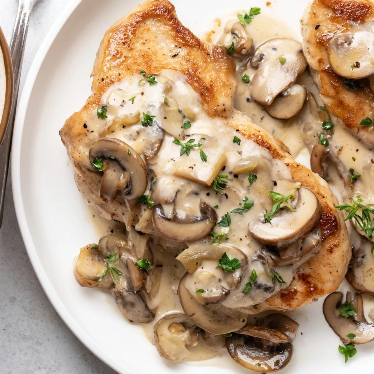 Warm Skillet Chicken And Mushroom Sauce spooned over mashed potatoes, fragrant thyme.