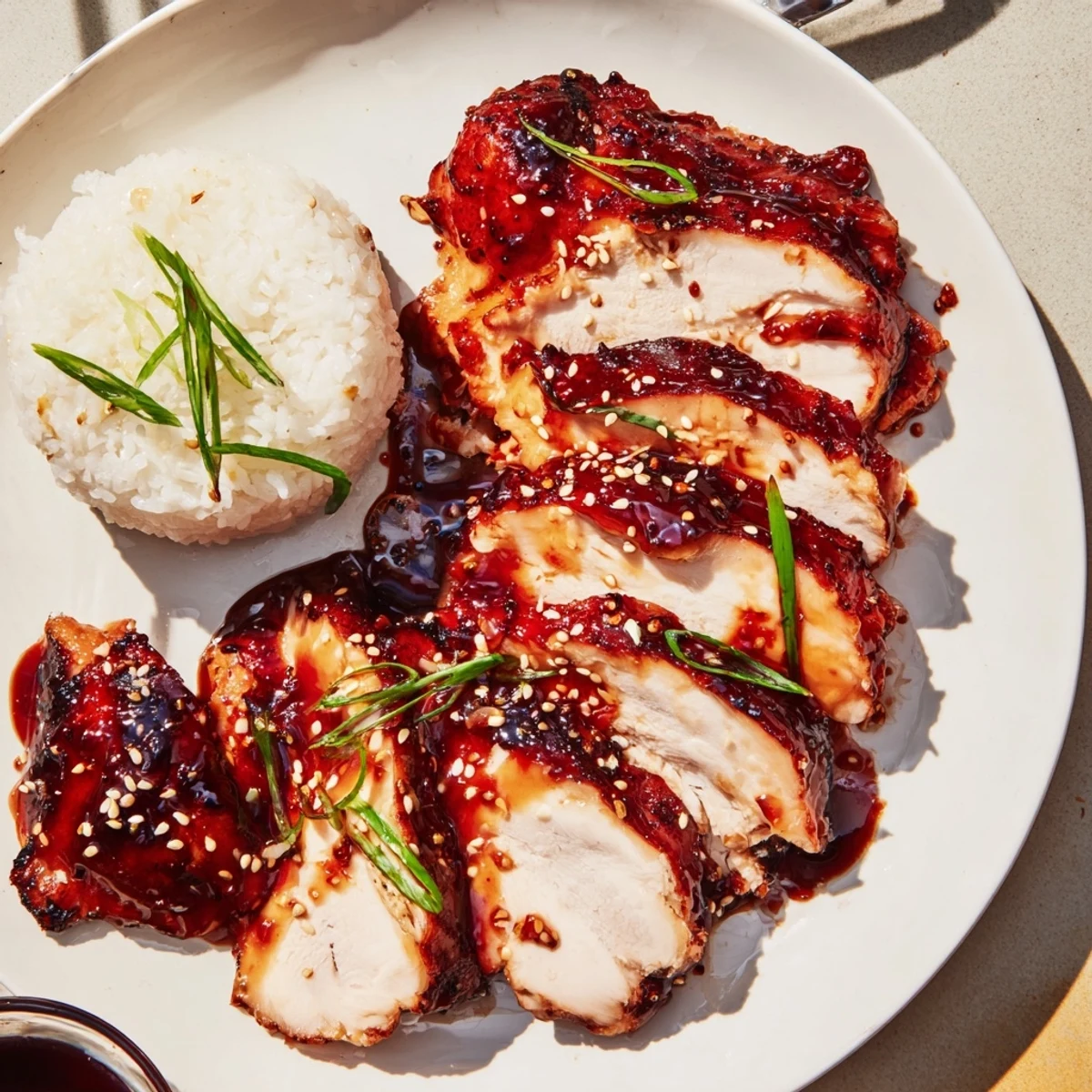 Char Siu Chicken glazed glossy, sliced on rice with sesame and green onions.