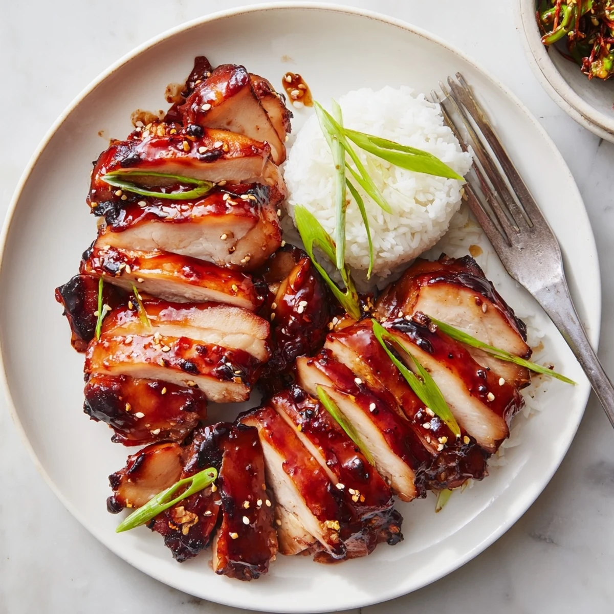 Char Siu Chicken steaming beside jasmine rice, fragrant honey-soy glaze pooling.