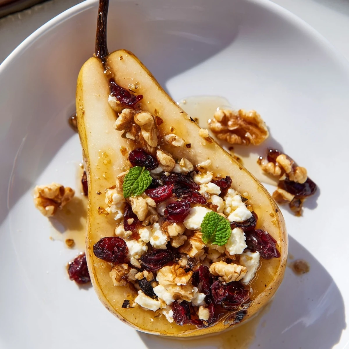 Tender Baked Pears With Feta Honey Cranberries, walnut crunch and bright lemon zest