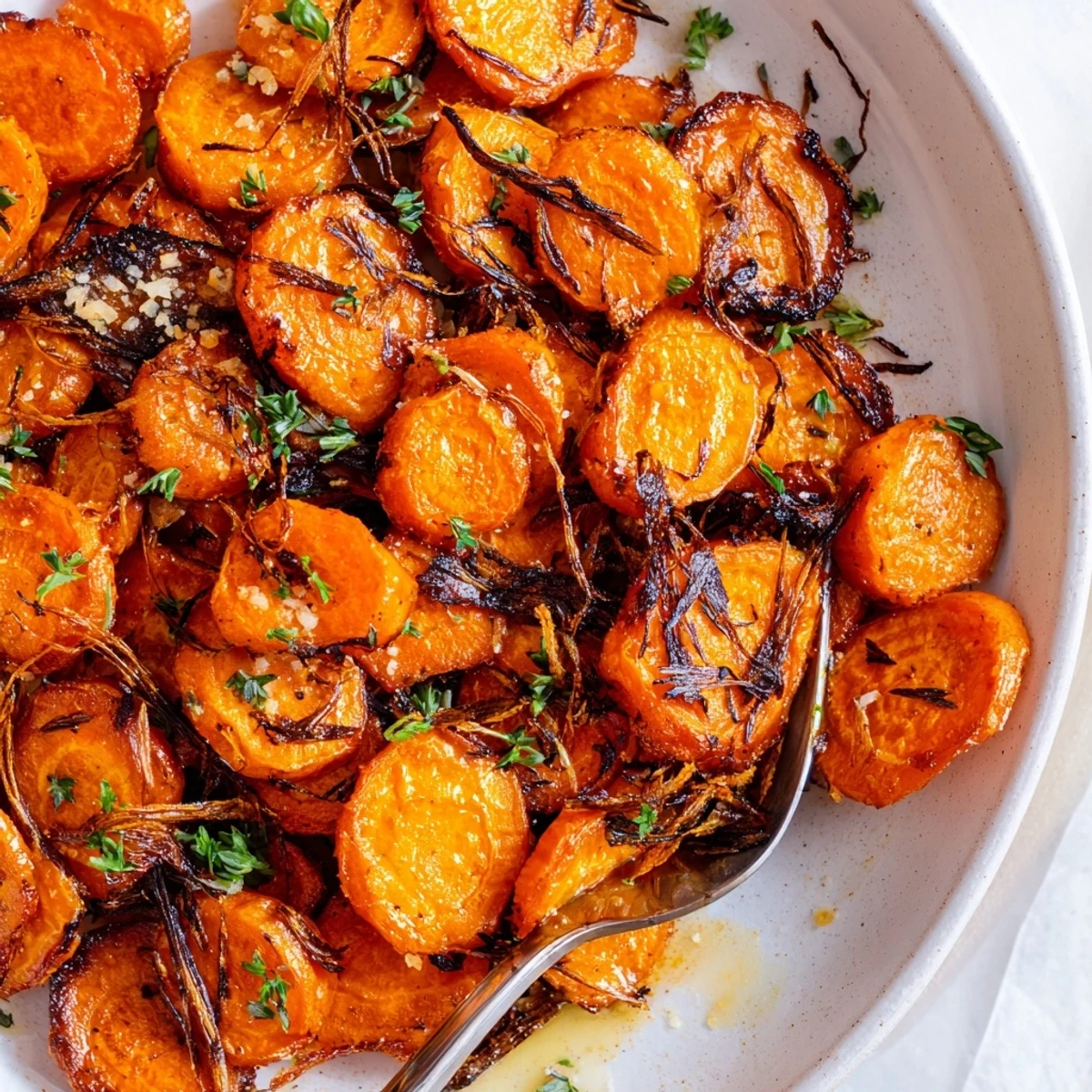 Crispy Smashed Carrots roasted to golden edges, glistening with olive oil