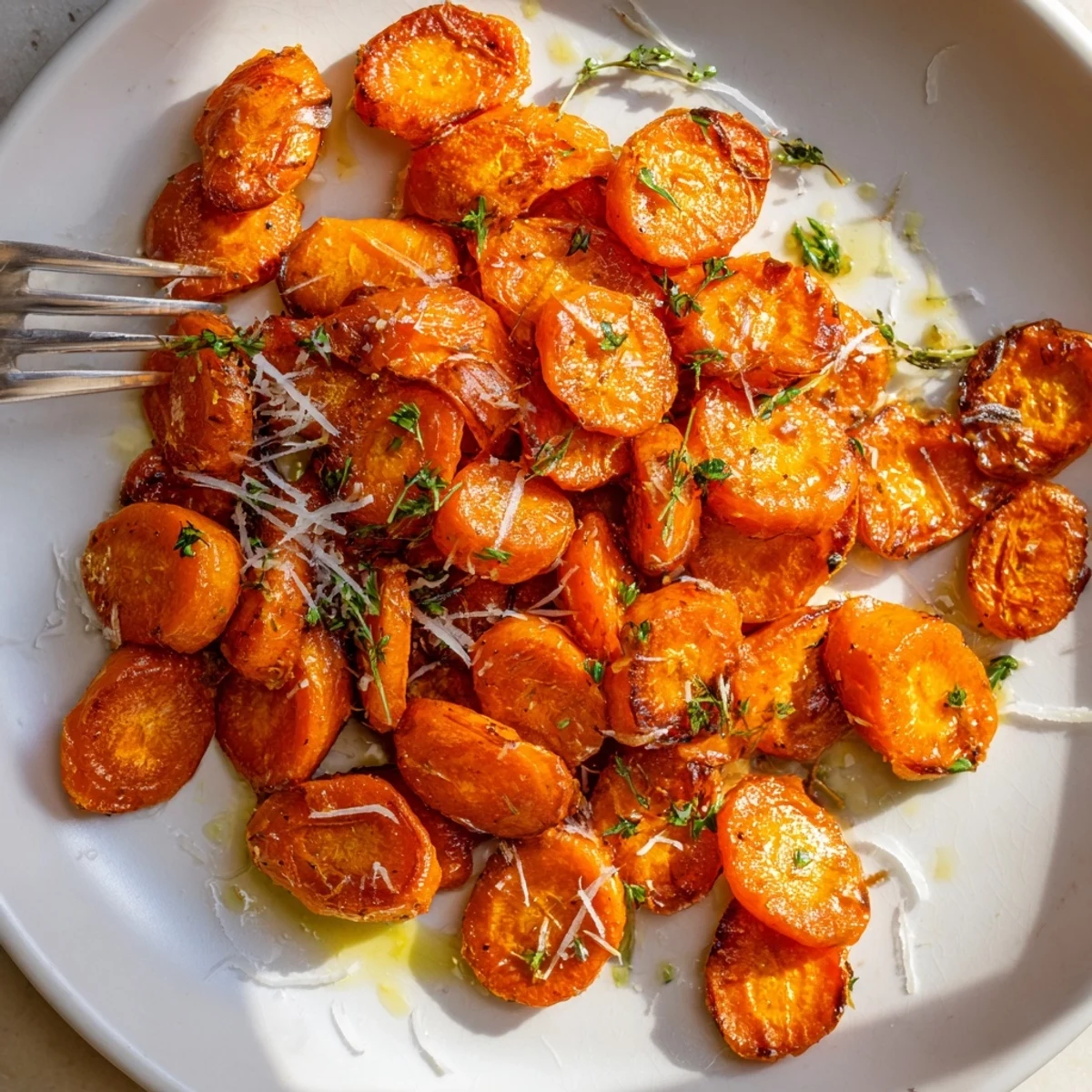 Warm Crispy Smashed Carrots tossed with garlic, served with lemon wedge