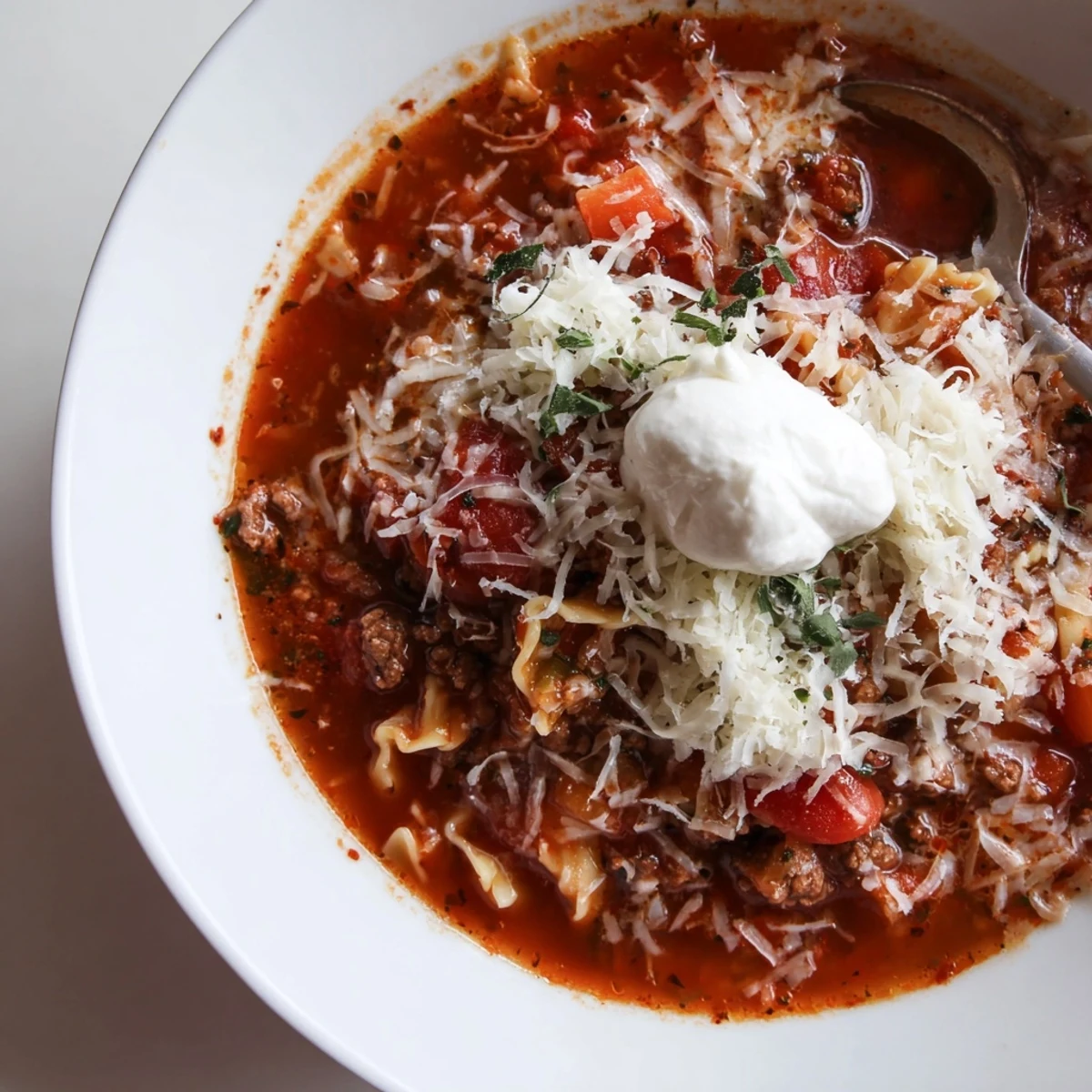 One Pot Lasagna Soup steaming in bowl, tender noodles, rich tomato aroma