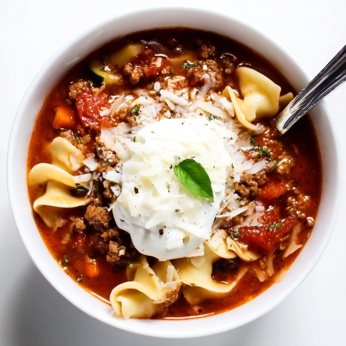 Hearty One Pot Lasagna Soup topped with ricotta dollop and basil