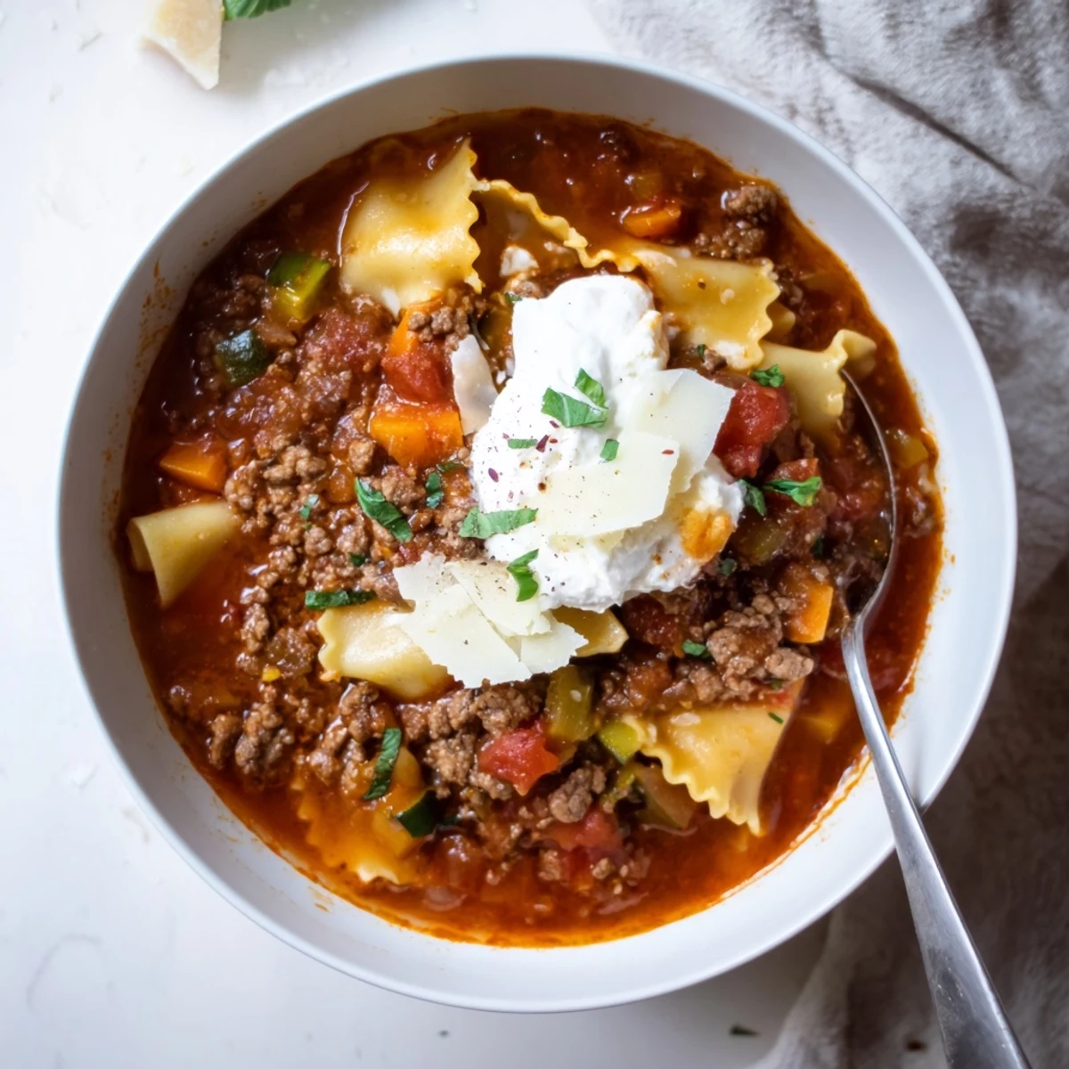Weeknight One Pot Lasagna Soup ladled with melted mozzarella, served with garlic toast