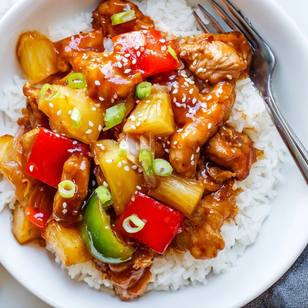 Sweet Hawaiian Crockpot Chicken simmering with pineapple, bell peppers, glossy sauce  