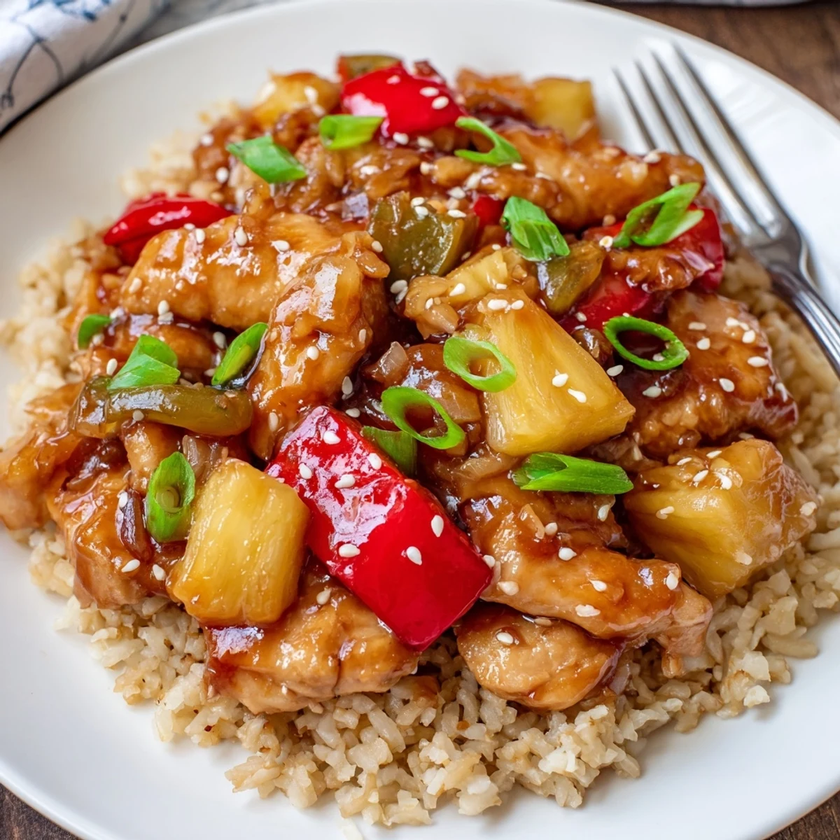 Family-style Sweet Hawaiian Crockpot Chicken served over steaming jasmine rice, garnished with scallions  