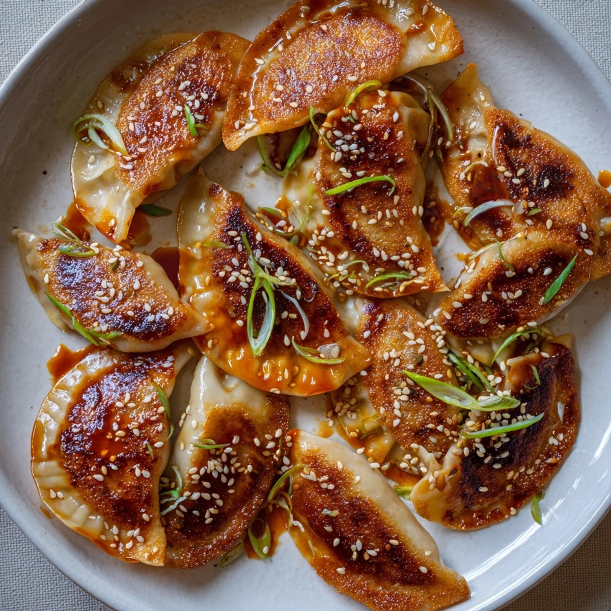 Savory Beef Mandu With Sweet Gochujang Glaze, crispy golden bottoms and sesame  