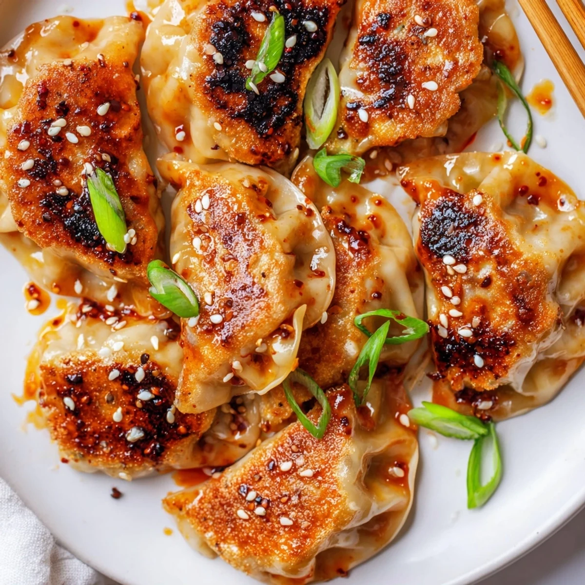 Plate of Savory Beef Mandu With Sweet Gochujang Glaze served with kimchi  