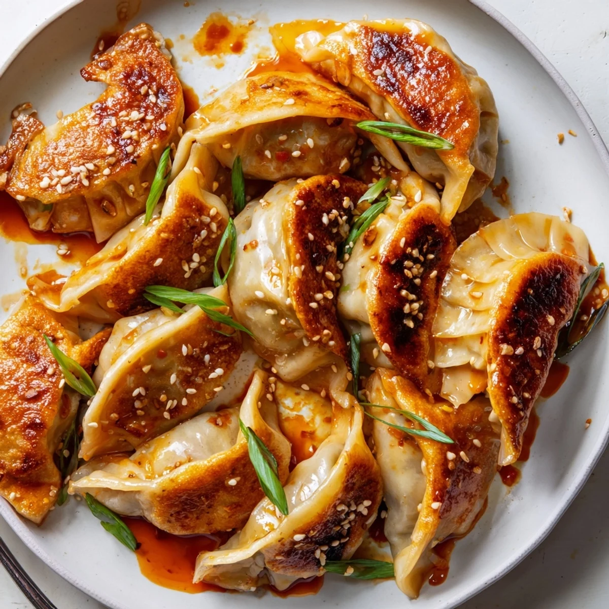 Pan-fried Savory Beef Mandu With Sweet Gochujang Glaze steaming, browned edges, honeyed shine