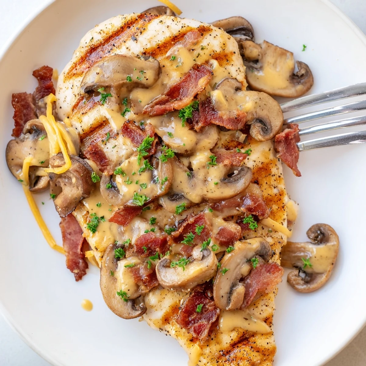 Alice Springs Chicken Outback Style with melted cheese, crispy bacon, sautéed mushrooms