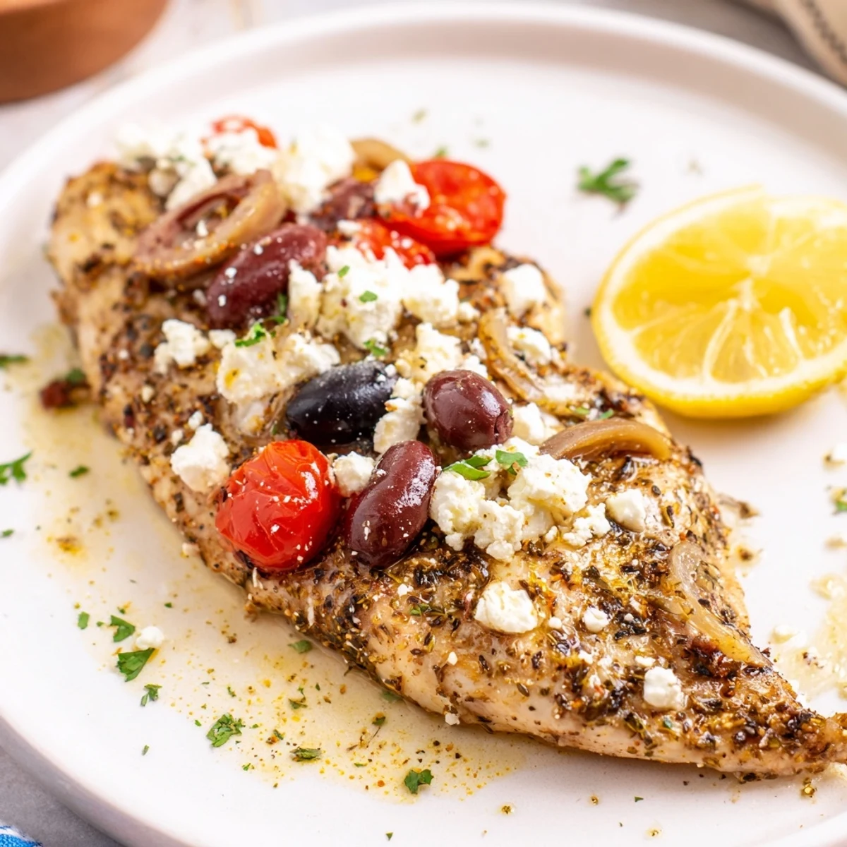 Greek Chicken With Lemon And Feta sizzling in baking dish with roasted tomatoes