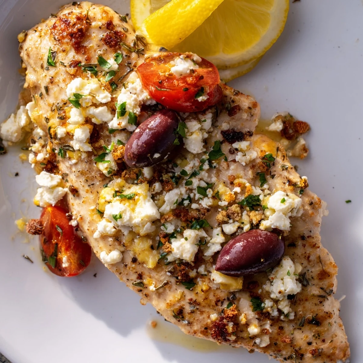 Weeknight Greek Chicken With Lemon And Feta served with olives, bright lemon wedges