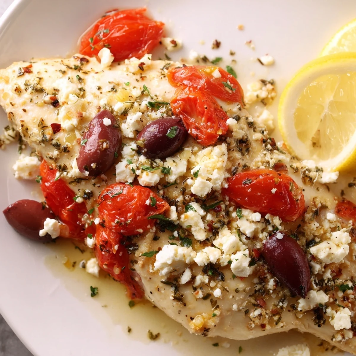 Oven-roasted Greek Chicken With Lemon And Feta, garnished with parsley and lemon