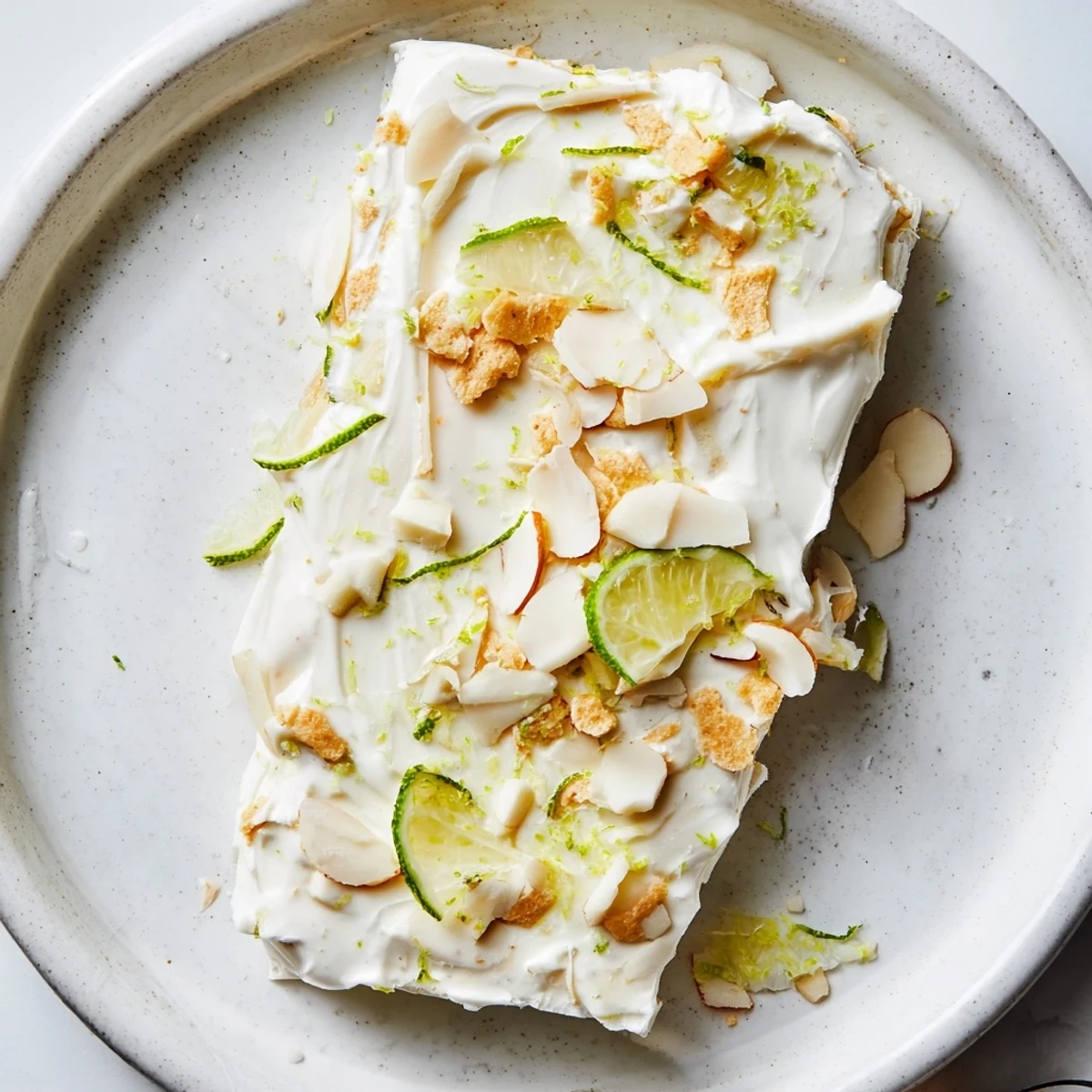 Bright, creamy Key Lime Pie Yogurt Bark broken into pieces on parchment