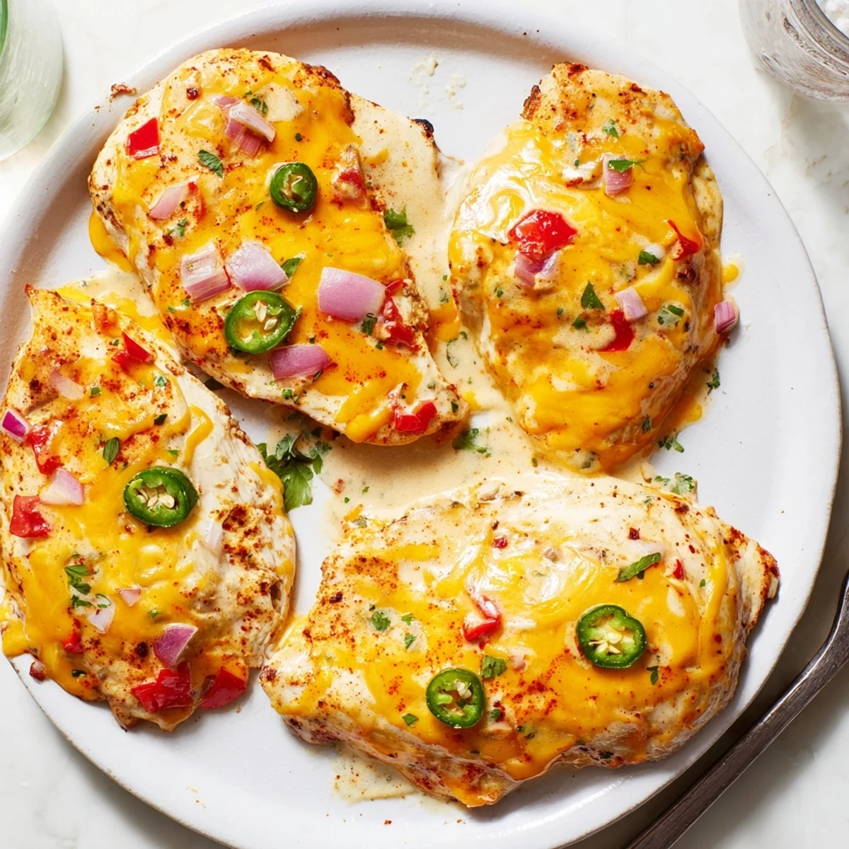 Flavorful Baked Queso Chicken topped with bubbling creamy cheese and jalapeño slices
